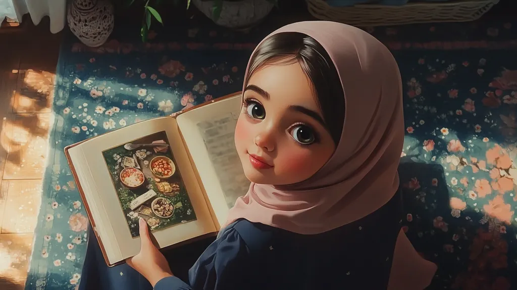 A young girl, wearing a pink hijab, sits on a floral rug, bathed in sunlight. She holds an open book showcasing pictures of food, her large, expressive eyes gazing directly at the viewer. The scene is serene and evokes a feeling of warmth and tranquility, with soft lighting enhancing the illustration's whimsical style.  The overall aesthetic is charming and delicate.