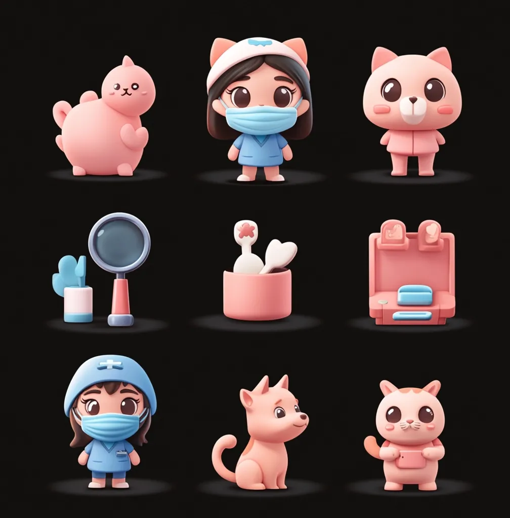 A collection of adorable 3D rendered illustrations depicting a veterinary clinic theme.  Features include two chibi veterinarian characters wearing masks, a pink cat and dog patient, plus cartoonish medical equipment like a magnifying glass, pet food bowl, and a small examination table.  The overall style is cute and playful, ideal for children's media.