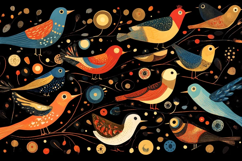 A vibrant illustration showcases a flock of stylized birds amidst a dark background adorned with colorful circles and swirling lines. The birds, rendered in diverse colors and patterns, exhibit a playful mix of red, orange, blue, and gold hues. Their forms are slightly abstract, yet retain a sense of avian life, creating a whimsical and decorative piece. The overall style evokes a folk-art aesthetic.