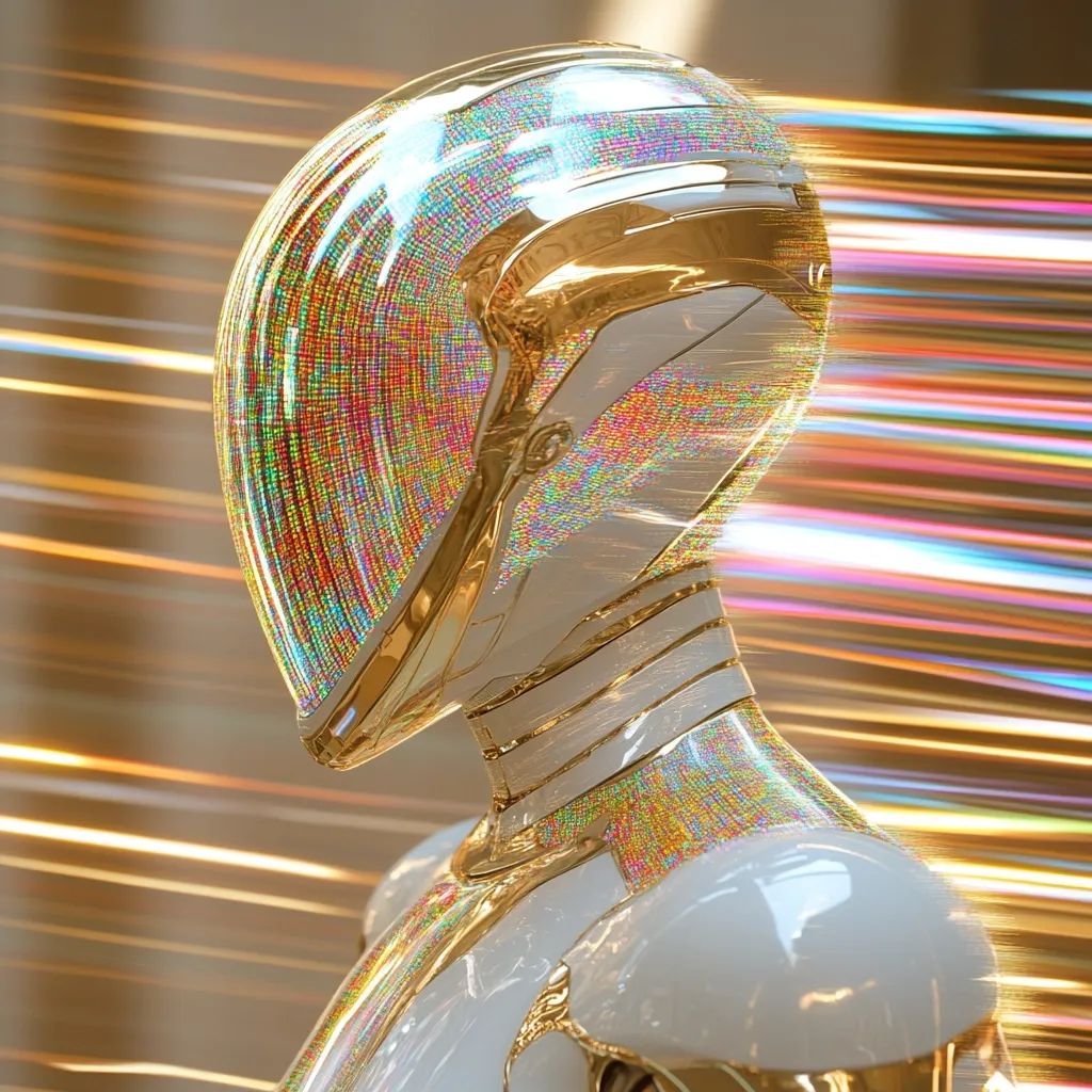 A stylized robotic figure, predominantly white with gold accents, is depicted. Its helmet features a vibrant, iridescent display of multicolored pixels, giving it a futuristic and technological aesthetic. The background showcases streaks of light, enhancing the image's dynamic and otherworldly feel.  The robot's sleek design and luminous details create a sense of elegance and advanced technology.
