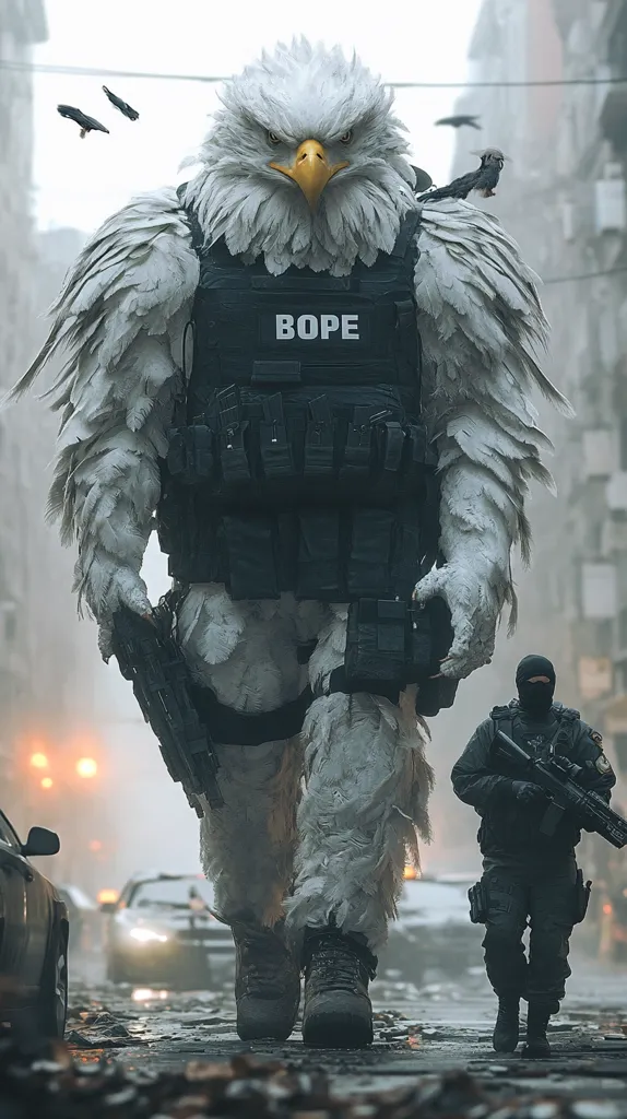 A giant eagle-like creature, clad in tactical gear with "BOPE" inscribed on its vest, strides through a city street.  A smaller, human-sized soldier in black tactical gear follows closely behind. The scene is set in a gritty, urban environment, with a muted color palette and a somber atmosphere.  The image suggests a powerful, almost surreal, law enforcement presence.