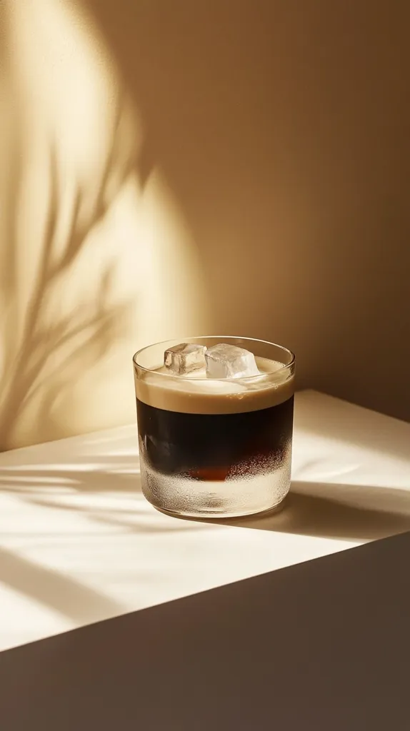 A glass of iced coffee sits on a white surface, bathed in soft, warm light.  The coffee is layered, with a creamy top and dark espresso below.  Two ice cubes are partially submerged.  The background is a muted beige, with the shadow of a plant casting delicate patterns on the wall and surface. The overall aesthetic is minimalist and serene.