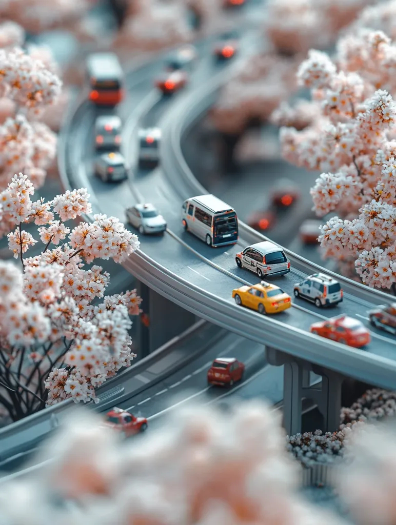 A miniature cityscape showcasing a curved highway bustling with tiny cars and buses.  Delicate cherry blossom branches frame the scene, their pink and white flowers contrasting with the grey concrete and colorful vehicles.  The image evokes a sense of serene urban life amidst the beauty of springtime.  The depth of field emphasizes the central highway and the miniature scale of the scene.