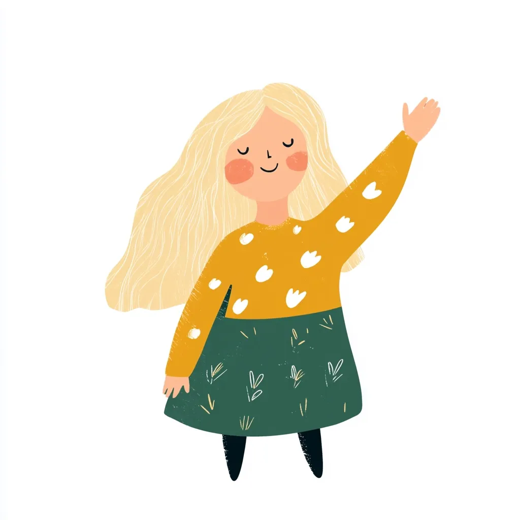 A cheerful illustration of a girl with long blonde hair. She's wearing a mustard yellow long-sleeved top adorned with white flower patterns and a dark green skirt with subtle leaf designs.  One arm is raised in a friendly wave, and her rosy cheeks and closed eyes suggest a peaceful, happy disposition. The style is simple and charming, with a slightly textured effect.