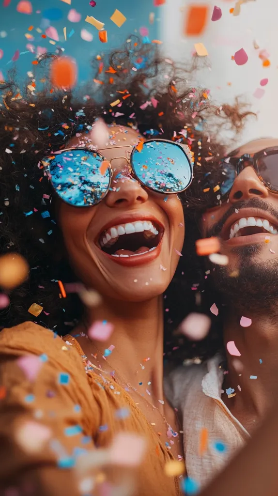 A joyous couple embraces amidst a shower of colorful confetti.  The woman, with voluminous curls and round blue sunglasses, laughs radiantly. Her companion, also smiling broadly, wears sunglasses.  The scene is filled with vibrant energy and celebratory spirit, capturing a moment of pure joy and affection.