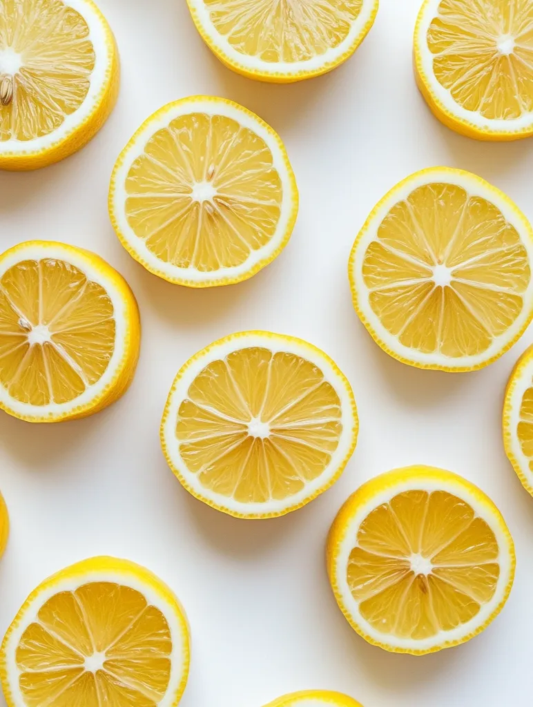 A flat lay photograph shows numerous lemon slices arranged on a white background.  The bright yellow citrus fruit is neatly positioned, creating a visually appealing pattern.  The image is clean and simple, highlighting the vibrant color and texture of the lemons. Each slice shows a juicy, segmented interior.