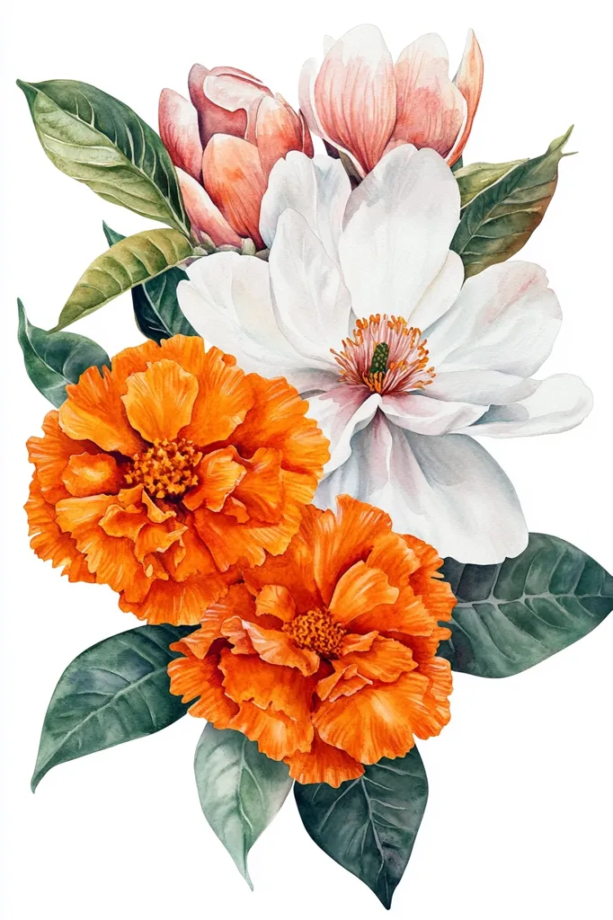 A watercolor painting showcases a vibrant floral arrangement. Two bright orange marigolds take center stage, their ruffled petals contrasting beautifully with a large, pristine white magnolia blossom and a smaller, peach-colored magnolia bud.  Lush green leaves frame the flowers, creating a balanced and harmonious composition. The overall style is realistic, emphasizing the delicate texture and subtle color gradations of each petal.