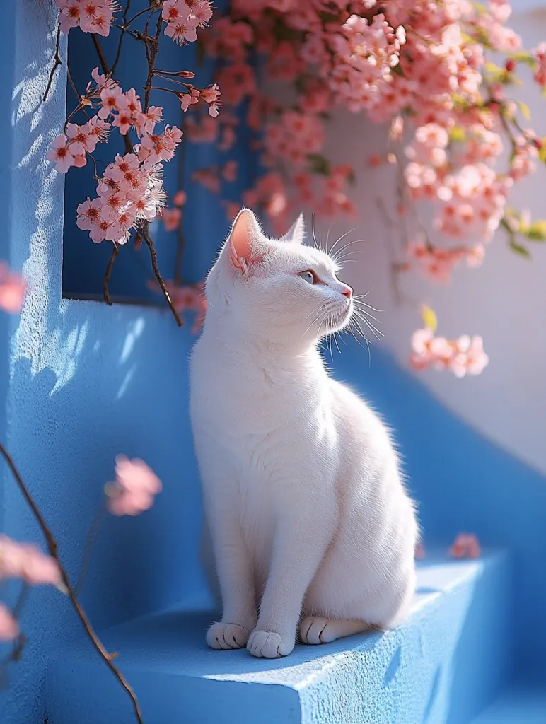 A pristine white cat sits on a bright blue wall, its gaze directed to the right.  Delicate pink cherry blossoms frame the scene, creating a soft, dreamy backdrop. The cat's fur appears incredibly soft and fluffy, contrasting beautifully with the vibrant blue. The overall image evokes a sense of serenity and springtime beauty.