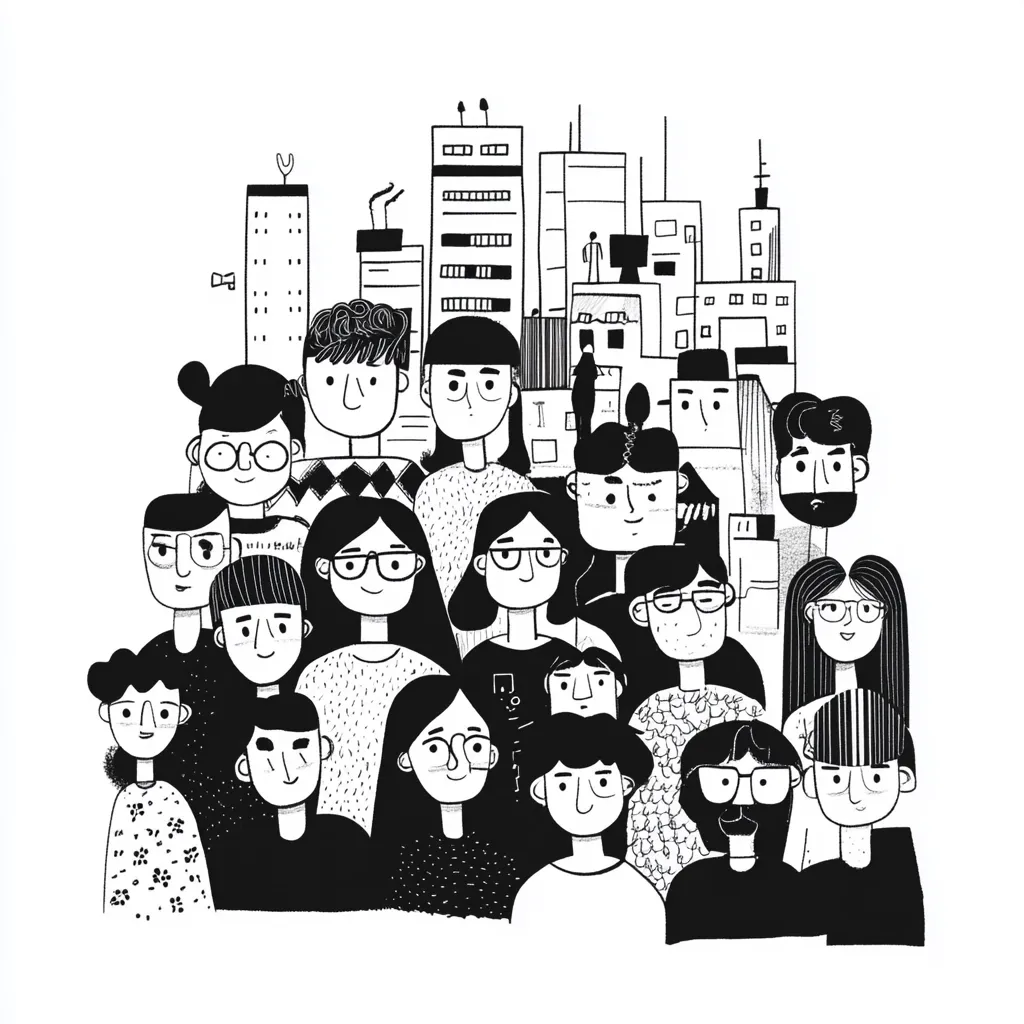 A black and white illustration depicts a large group of diverse individuals, densely packed together against a backdrop of a city skyline.  The people are drawn in a simple, cartoonish style, each with unique hairstyles and expressions.  The city buildings are similarly stylized, creating a lively and slightly chaotic scene suggesting a bustling urban community. The overall impression is one of unity and togetherness within a vibrant city environment.