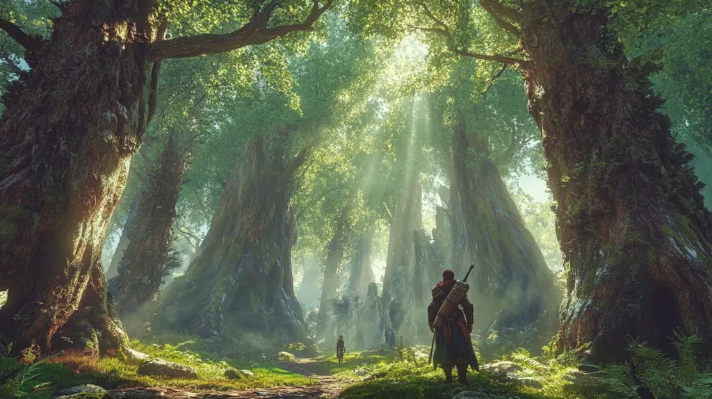 A digital painting depicts a sunlit path winding through an ancient forest.  Massive, moss-covered trees create a cathedral-like canopy, shafts of light piercing the leaves. Two figures, clad in dark clothing, walk along the path, one carrying a sword, suggesting a fantasy setting. The scene is serene yet evokes a sense of mystery and adventure.