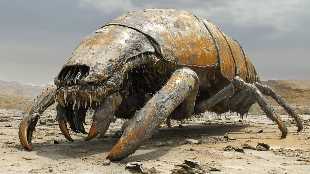 A large, crustacean-like creature, seemingly metallic and encrusted with dirt and grime, dominates a desolate, sandy landscape under a cloudy sky.  Its segmented body and powerful claws suggest immense size and strength. The creature's appearance is weathered and decaying, hinting at age or a harsh environment.  The background reveals a barren, mountainous terrain, enhancing the desolate atmosphere.