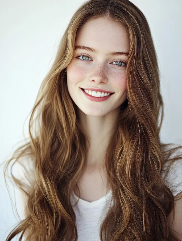 A young woman with long, wavy light brown hair and freckles smiles warmly at the camera.  Her light eyes and bright smile are striking against her fair skin. She is wearing a simple white t-shirt.  The image is clean and bright, with a soft focus on the background.