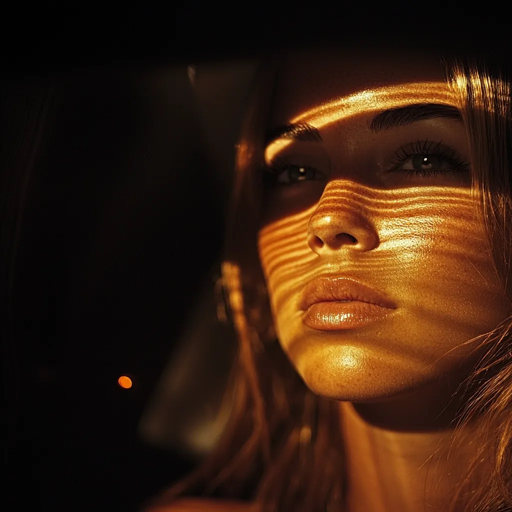 Close-up of a woman's face, bathed in warm, golden sunlight filtering through a slatted surface.  The light creates striking, parallel lines across her skin, highlighting her features. Her expression is serene and contemplative, her gaze directed slightly away from the viewer. The overall mood is one of warmth, mystery, and quiet beauty.