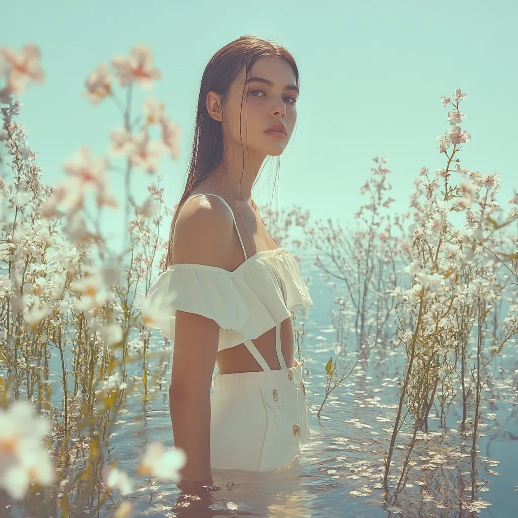 A young woman with long dark hair stands waist-deep in a body of water, partially submerged amongst flowering plants.  She wears a white off-the-shoulder crop top and matching high-waisted shorts. The overall aesthetic is dreamy and ethereal, with a soft, pastel color palette.  The scene evokes a sense of tranquility and natural beauty.