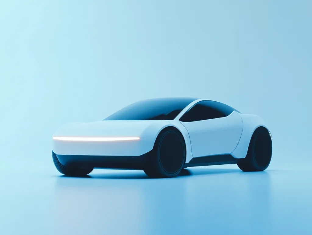 A sleek, white electric sports car is showcased against a light blue backdrop.  Its futuristic design features smooth curves and a low profile.  The car's headlights emit a subtle, glowing light. The image emphasizes the vehicle's modern aesthetics and clean lines.  It appears to be a digital rendering.