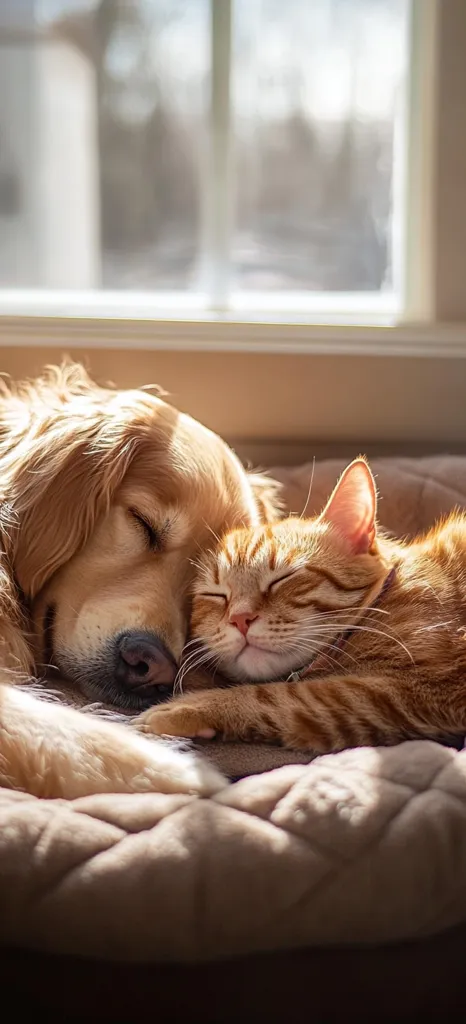 A golden retriever and an orange tabby cat cuddle together, peacefully sleeping on a beige pet bed.  Sunlight streams in from a window behind them, illuminating their soft fur.  The dog's head rests gently on the cat, showcasing a heartwarming display of interspecies friendship.  Both animals appear relaxed and content in their cozy slumber.
