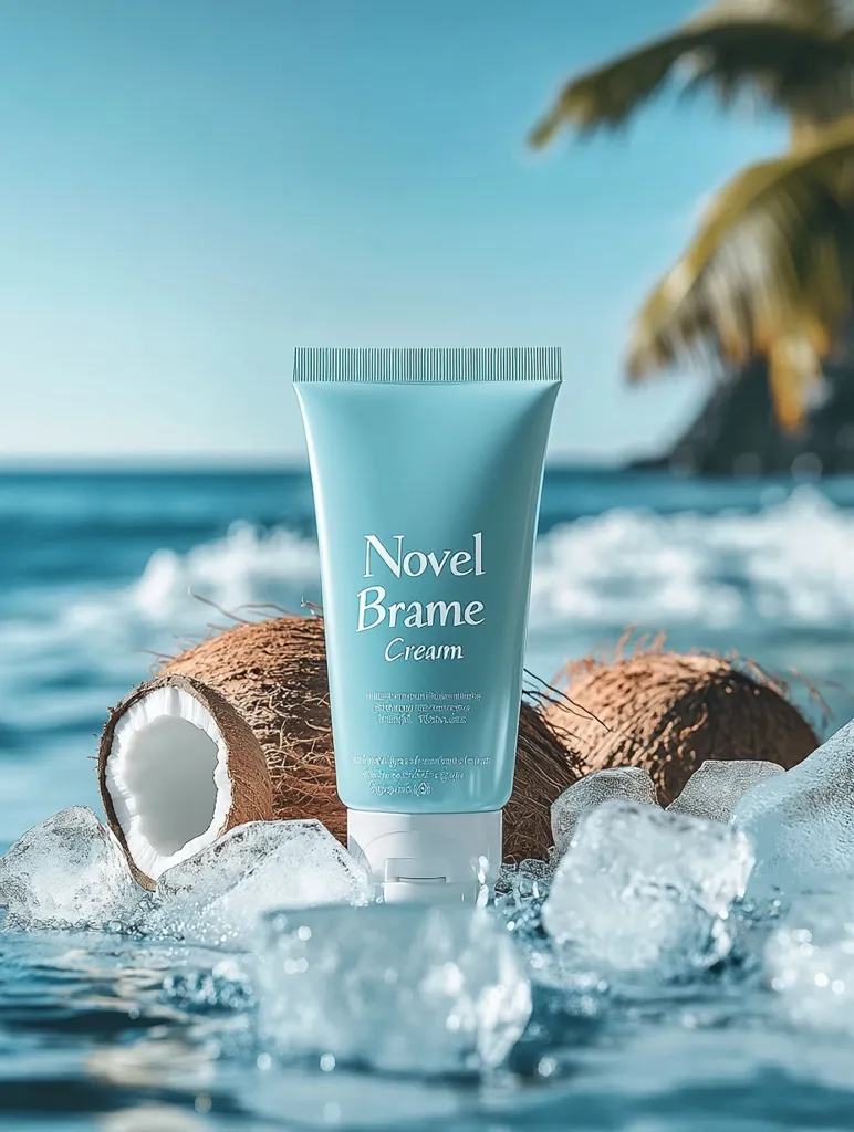 A tube of Novel Brame Cream rests on ice beside halved coconuts, set against a backdrop of a tropical beach and ocean. The light blue tube features the product name in elegant script.  The scene evokes feelings of freshness, relaxation, and tropical escapism.  The overall aesthetic is clean and minimalist.