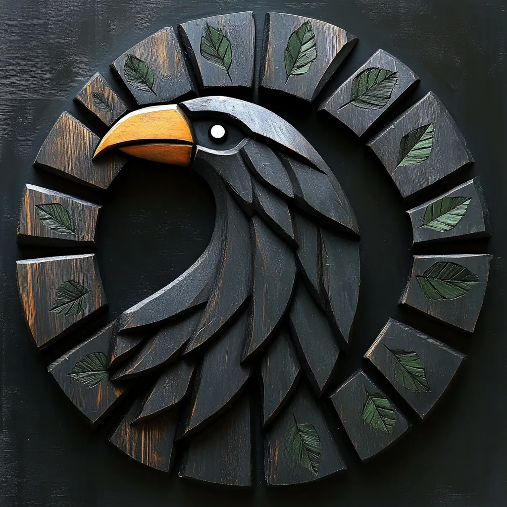 A dark, intricately carved wooden artwork depicts a raven's head in profile, encircled by stylized leaves. The raven is rendered in dark brown tones, its beak a contrasting orange.  The leaves, a darker green, are inlaid within the wood's dark surface, creating a striking contrast. The circular design suggests a symbolic or decorative piece, possibly representing nature or mythology. The artwork exhibits high skill in woodworking and design.