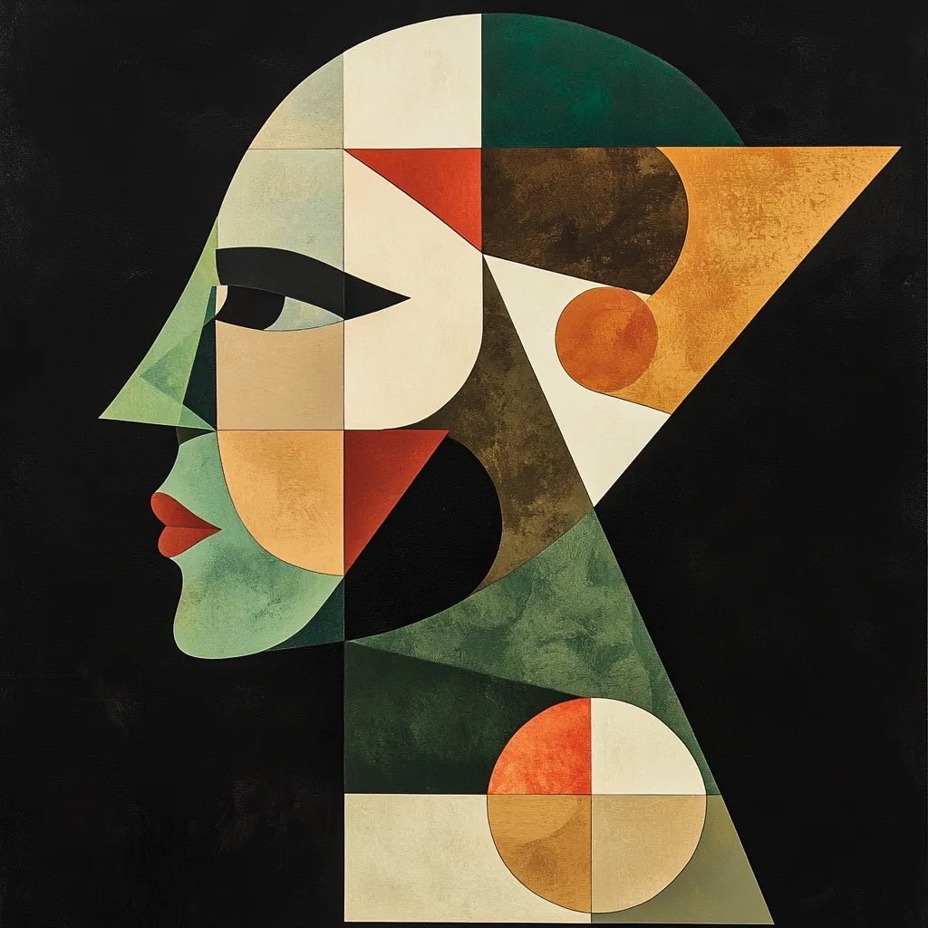 A stylized portrait of a woman's face is depicted in a geometric, abstract style.  The image uses a palette of muted greens, browns, oranges, and creams, creating a textured effect. The face is fragmented into various shapes, suggesting Cubist influences, while set against a dark background.  The overall composition is balanced and visually striking.