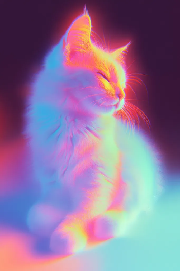 A long-haired cat is depicted in a vibrant, psychedelic style.  The image is dominated by bright, contrasting hues of pink, blue, and orange, creating a surreal and almost ethereal effect. The cat appears serene, its eyes closed, bathed in a glowing light that emphasizes its soft fur. The overall impression is one of dreamy, otherworldly beauty.