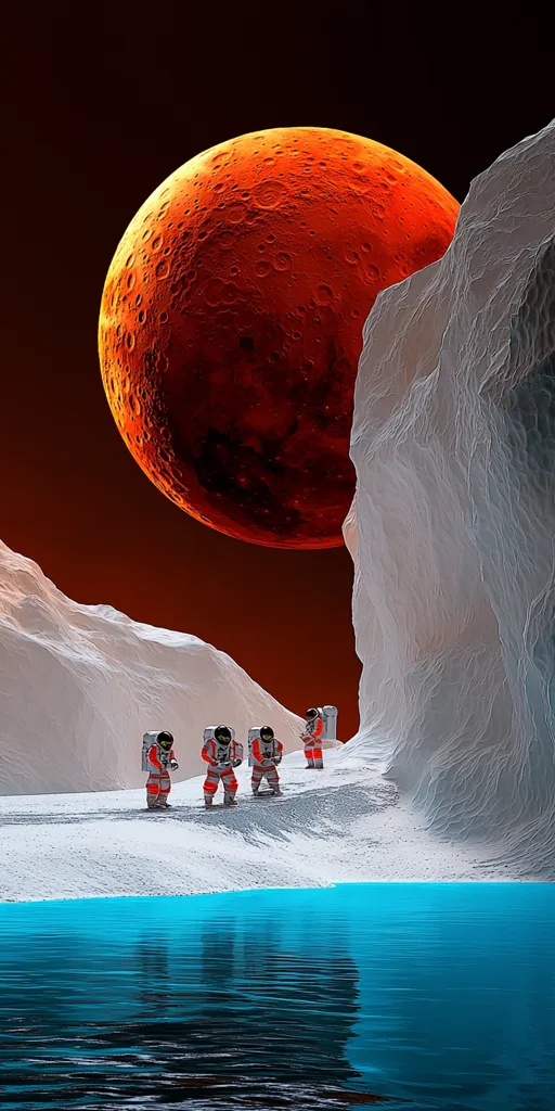 A breathtaking digital artwork depicts a surreal alien landscape. Four astronauts in orange and white suits traverse a snow-covered terrain, with a massive, cratered red planet looming in the background.  A vibrant turquoise body of water reflects the scene, adding to the otherworldly ambiance.  The stark contrast between the red planet, white landscape, and blue water creates a visually stunning and mysterious image.