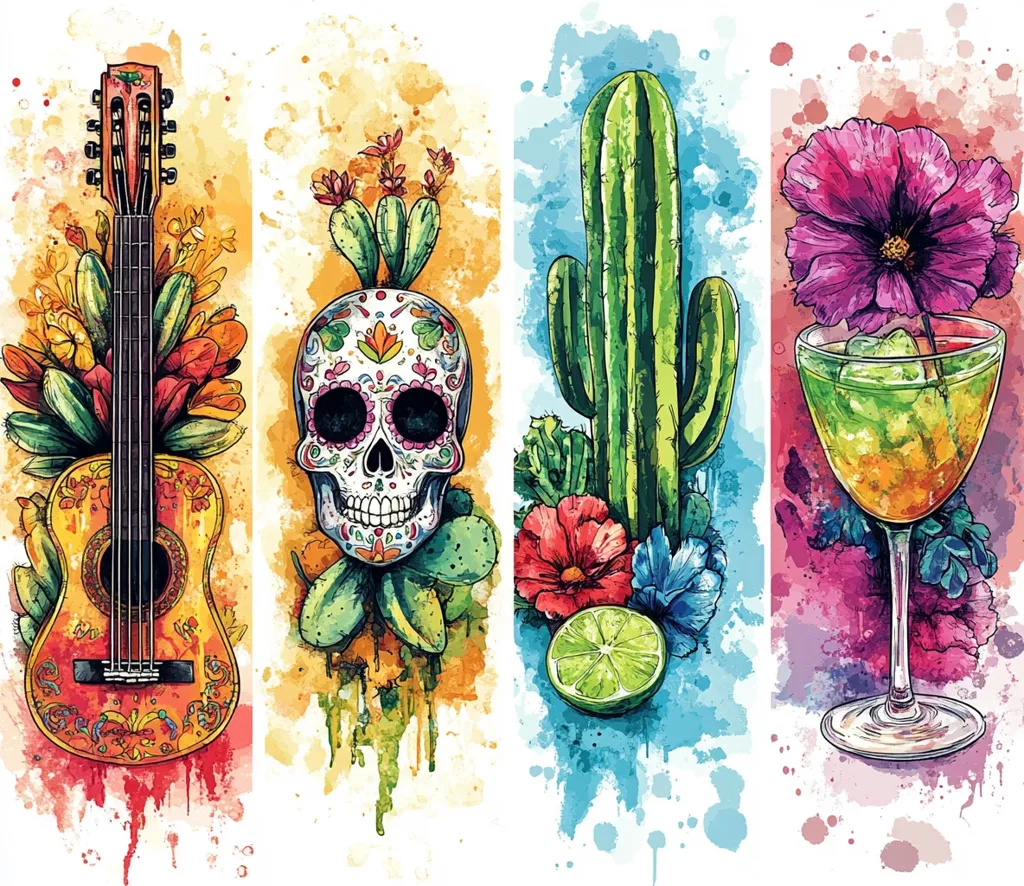 A vibrant watercolor artwork depicts four distinct panels.  A colorful guitar adorned with flowers is shown, alongside a decorated sugar skull surrounded by cacti. A towering saguaro cactus and a cocktail in a stemmed glass, garnished with a flower, complete the image, all rendered in a bright, painterly style.  The overall effect is a celebration of Mexican culture and aesthetics.