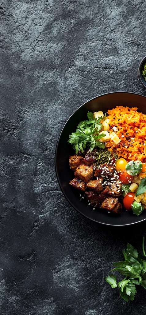 A vibrant food bowl features sesame-sprinkled teriyaki tofu, bright orange rice, fresh parsley, cherry tomatoes, and a vibrant green pesto.  The components are artfully arranged in a dark bowl against a textured, dark gray background.  The image suggests a healthy and flavorful meal.