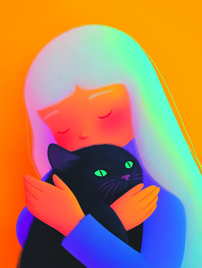 A vibrant illustration depicts a girl with iridescent hair gently embracing a black cat.  The girl's eyes are closed, conveying a sense of peace and affection.  The artwork uses bold, contrasting colors—bright orange background, neon-hued hair and clothing, and a deep black cat—creating a striking visual effect.  The style is stylized and smooth, emphasizing the tenderness of the moment.