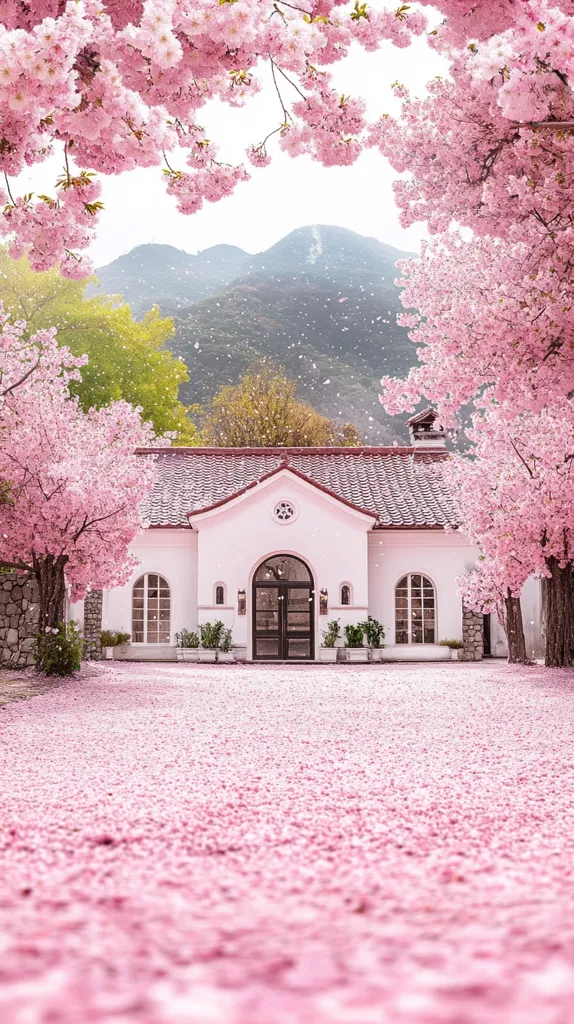 A charming white house sits serenely amidst a breathtaking landscape of cherry blossoms.  Pink petals carpet the ground, creating a magical scene.  Full, blossoming trees frame the house, their branches arching overhead.  A mountain backdrop, dusted with snowfall, adds to the idyllic, picturesque setting.  The overall ambiance is serene and romantic.