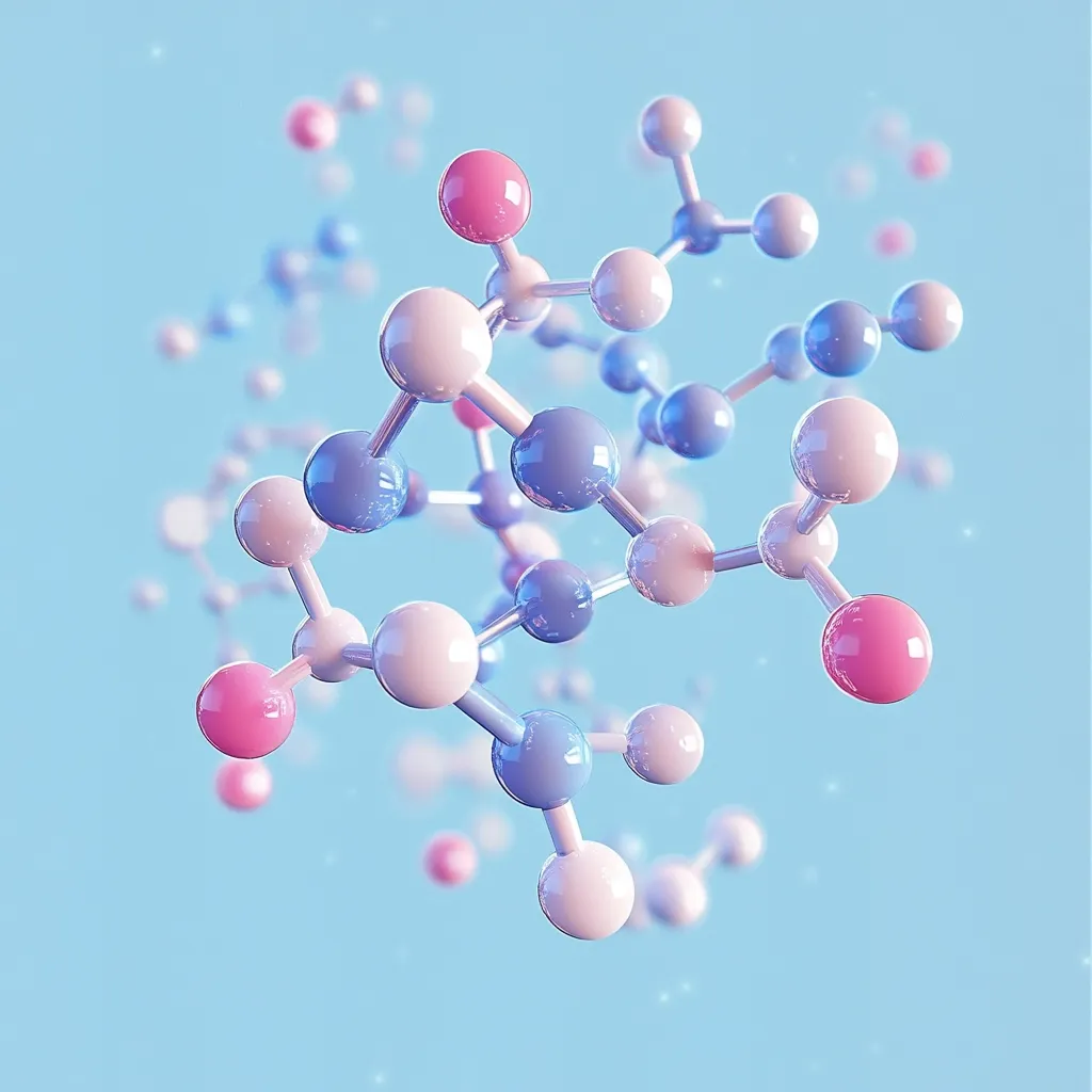 A 3D rendering depicts a complex molecule against a pale blue background.  The molecule is composed of spheres in shades of pink, white, and light blue, connected by silver rods, suggesting atomic bonds. The image is stylized with a soft, pastel color palette, creating an aesthetically pleasing representation of a scientific concept.  Smaller, similar molecules are visible in the background, creating a sense of depth and scale.