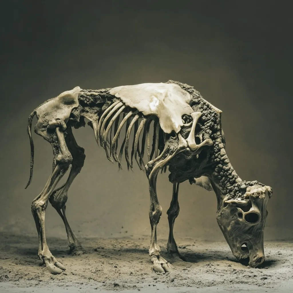 A weathered skeletal remains of a bovine animal is depicted, appearing as if unearthed from the ground.  The bones are coated in a layer of dirt or sediment, giving a sense of age and decay.  The skeleton is posed as if the animal were grazing, its head bowed low to the ground, which is also covered in dust.  The overall tone is somber and evocative of mortality.