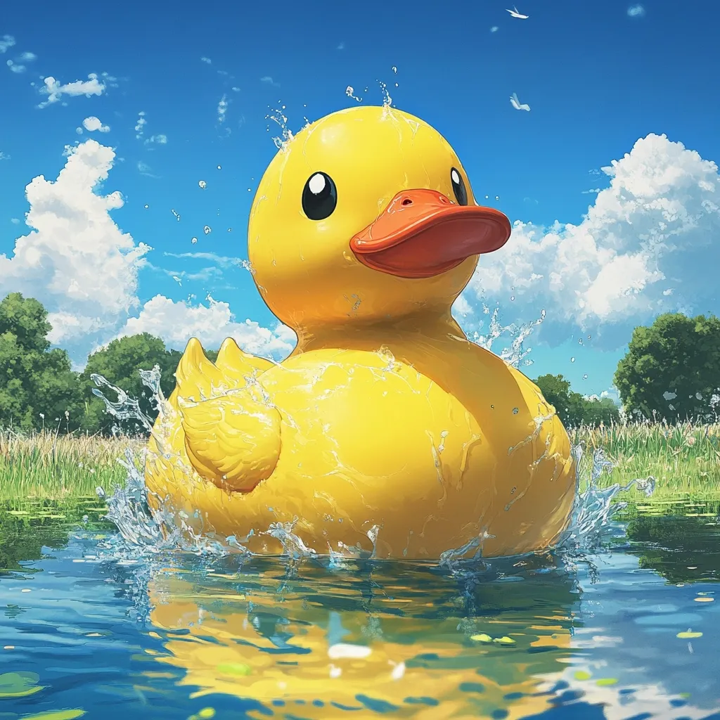 A large, bright yellow rubber ducky splashes into a calm body of water.  Water droplets fly as the duck enters the serene pond, surrounded by lush green grass and trees under a bright, sunny sky. The scene is idyllic and whimsical, with a cartoonish rendering of the duck.  The reflection of the duck is visible on the water's surface.