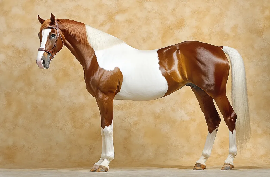 A stunning chestnut and white pinto horse stands against a muted gold backdrop.  Its coat is glossy, showcasing the distinct color pattern. The horse is elegantly posed, showcasing its conformation and features.  A brown bridle adds a touch of refinement. The image is professionally lit, highlighting the horse's beauty and emphasizing its musculature.