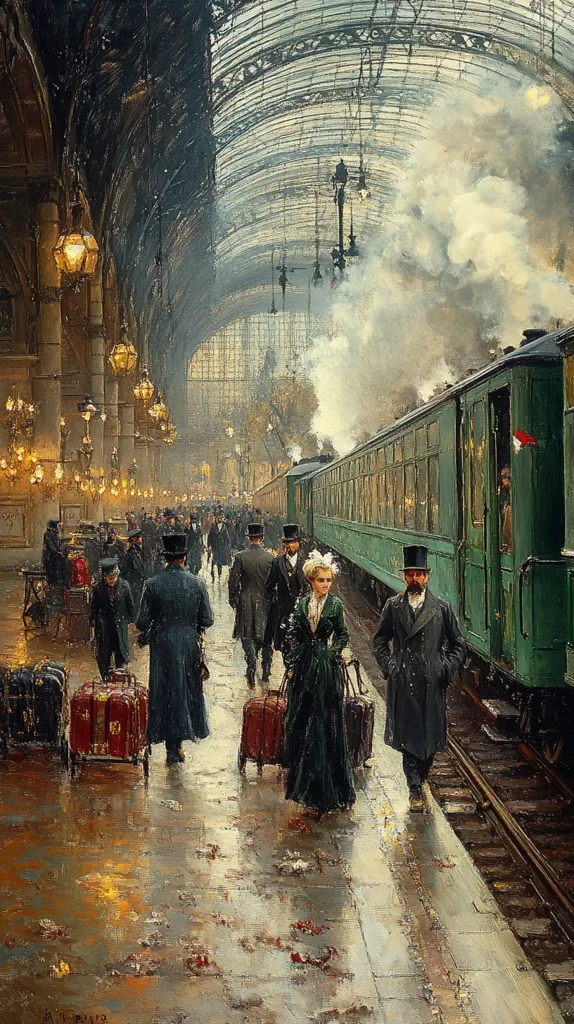 A bustling train station scene unfolds under a grand, arched ceiling. Passengers, elegantly dressed in period attire, navigate the wet platform amidst steam billowing from a departing train.  Luggage is scattered, adding to the sense of movement and departure. The scene is painted with rich detail, capturing the atmosphere of a busy railway hub in the late 19th or early 20th century.  The lighting and use of color create a dramatic and atmospheric effect.