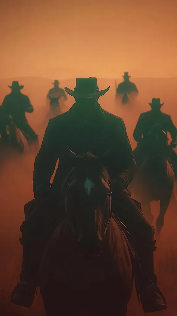 A group of cowboys on horseback ride through a hazy, orange-hued landscape.  The central figure is prominently featured, his silhouette stark against the dusty backdrop.  Other riders are visible in the distance, creating a sense of movement and a westward journey. The overall mood is one of mystery and adventure, evocative of classic Western imagery.