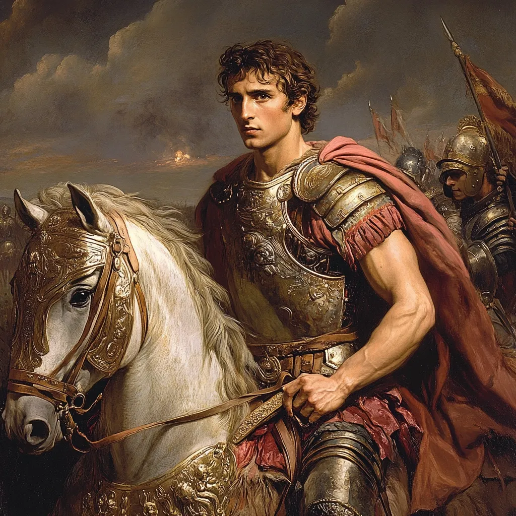 A young, handsome Roman general, clad in ornate gold armor and a crimson cloak, sits astride a magnificent white horse.  His gaze is directed towards the viewer, conveying a sense of confidence and authority.  In the background, a battle rages, indicated by smoke and the presence of other Roman soldiers, suggesting a victorious moment in war. The scene is painted with dramatic lighting and rich detail.