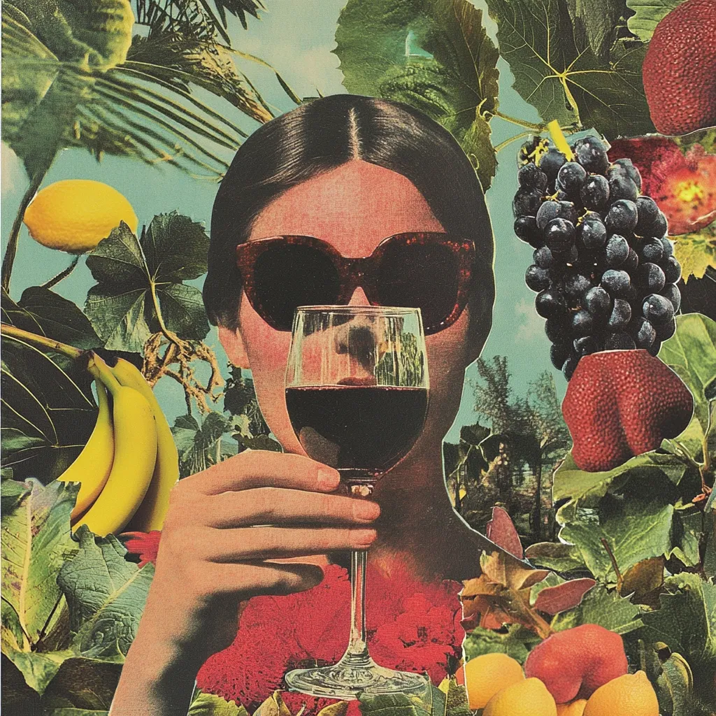 A vibrant collage features a woman with dark hair and sunglasses, holding a glass of red wine.  She's surrounded by lush tropical foliage, including bananas, lemons, grapes, and other fruits. The image is rich in color and texture, evoking a sense of summer and indulgence. The woman's face is partially obscured by the wine glass, adding a touch of mystery.  The overall style is reminiscent of vintage magazine illustrations or pop art.
