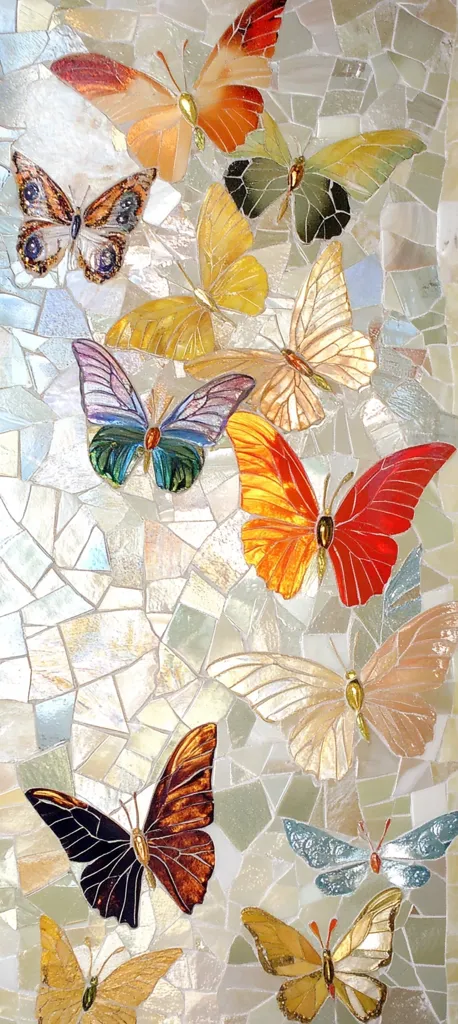 A mosaic artwork depicts a vibrant collection of butterflies in various colors and sizes.  The butterflies, crafted from iridescent glass pieces, are arranged on a background of irregular, light-colored mosaic tiles. The artwork showcases a range of hues, from warm oranges and reds to cool blues and greens, creating a lively and textured visual effect.  The butterflies appear to be layered, giving the piece depth and movement.
