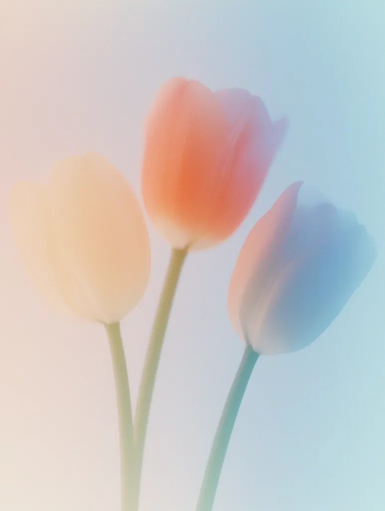 Three pastel-colored tulips are softly blurred, creating a dreamy, ethereal effect.  The tulips are various shades of peach, yellow, and light blue, their forms gently outlined against a light blue-toned background. The image evokes a sense of delicate beauty and tranquility. The soft focus enhances the romantic and whimsical mood.