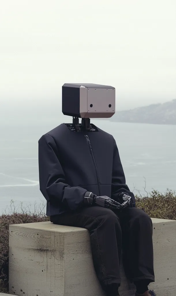 A robot with a box-like head and dark clothing sits on a concrete block overlooking a calm body of water.  The robot's hands rest in its lap. The scene is minimalist and evokes a sense of quiet contemplation against a muted, foggy backdrop. The overall impression is one of serene solitude.