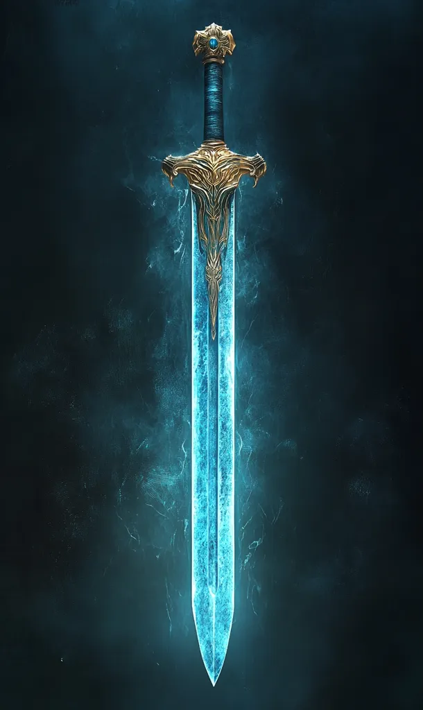 A majestic fantasy sword, seemingly forged from ice, radiates a vibrant, ethereal blue glow against a dark, moody background.  Intricate gold detailing adorns the hilt and pommel, adding a touch of regal splendor. The sword's blade is sharp and imposing, suggesting both power and otherworldly magic. The overall image evokes a sense of mystery and ancient power.