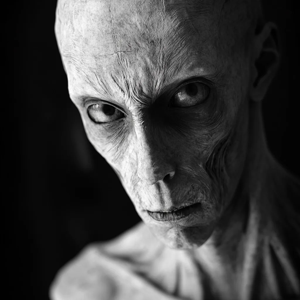 A black and white close-up shot depicts a creature with pale, wrinkled skin, sunken eyes, and a severe expression. The lighting emphasizes the texture of its face, creating a stark contrast against the dark background. The creature's appearance evokes a sense of unease and mystery.  Its gaze is intense and direct, engaging the viewer with an unsettling intensity.