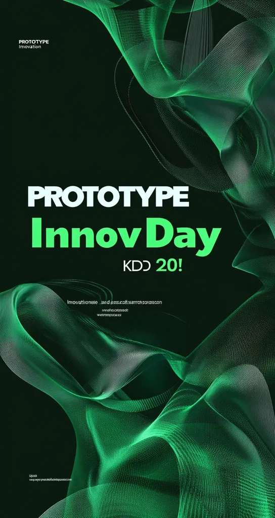 A dark green abstract background features flowing, translucent green lines creating a dynamic, wave-like effect.  The text "PROTOTYPE Innov Day KDD 20!" is overlaid, suggesting a technology or innovation event.  The design is sleek and modern, emphasizing the concept of innovation and progress.  Smaller text at the bottom provides contact information.