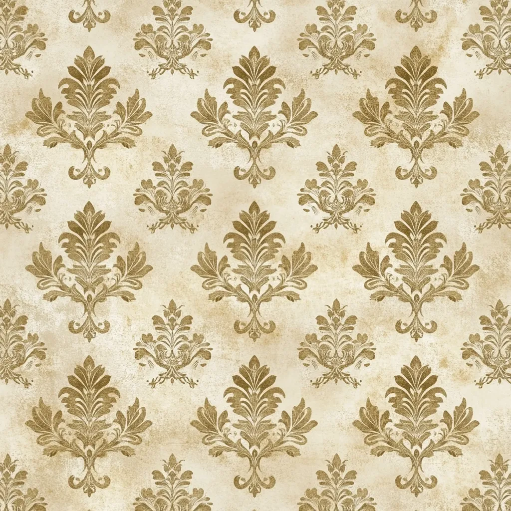 A beige background features a repeating pattern of gold damask. The ornate, symmetrical designs are reminiscent of antique wallpaper or fabric, with a slightly distressed, textured appearance. The gold accents have a subtle sparkle, suggesting a metallic or gilded effect.  The overall aesthetic is elegant and classic, suitable for various design applications.