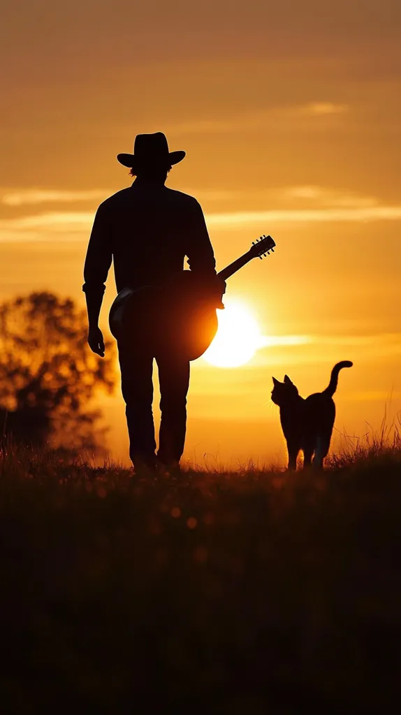 A silhouetted cowboy, wearing a hat, walks across a field at sunset, carrying a guitar.  Behind him, a cat follows, also silhouetted against the vibrant orange and yellow sky. The sun is low on the horizon, creating a dramatic and peaceful scene.  The image evokes a sense of solitude and the beauty of the western landscape.