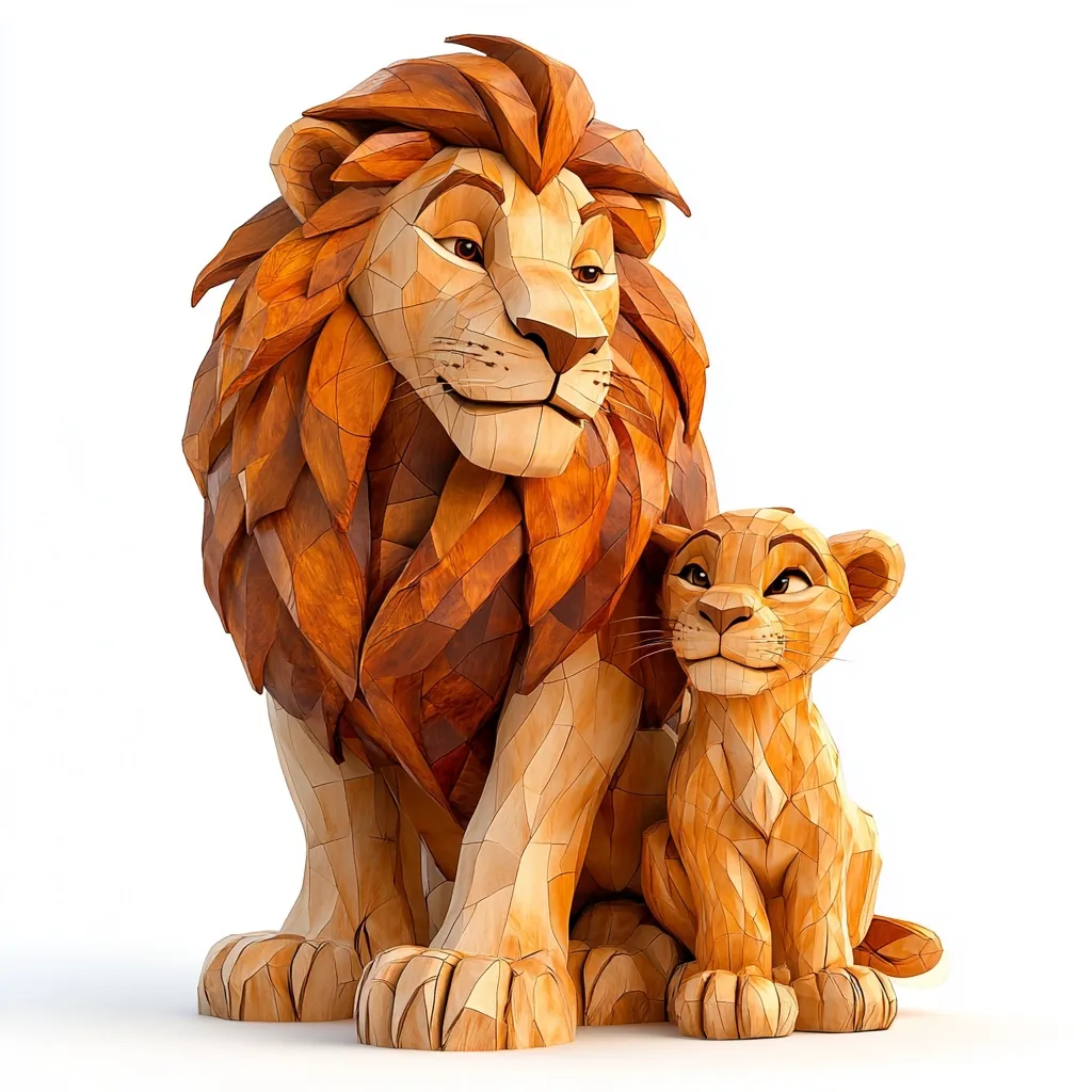 A majestic adult lion and a cute cub, crafted in a stunning low-poly wooden style, sit together.  The intricate design showcases a warm, reddish-brown tone throughout their bodies, highlighting the texture and artistry of the piece.  The lions' expressions are gentle and endearing, evoking a sense of familial warmth and pride.  The overall effect is both realistic and stylized, a captivating blend of nature and artistic interpretation.
