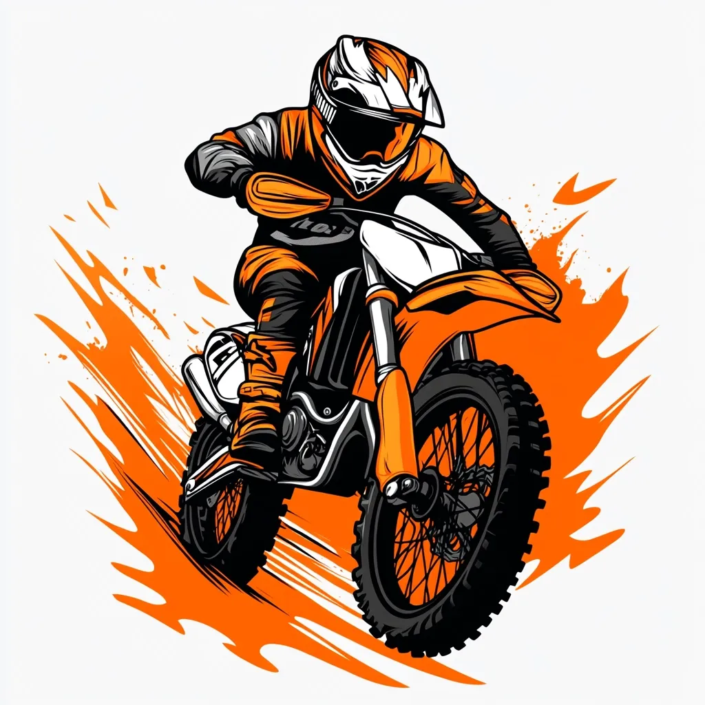 A dynamic illustration depicts a motocross rider in full gear, speeding on an orange dirt bike.  The rider is positioned centrally, leaning into the turn, with an orange and black color scheme dominating.  The background features stylized orange splashes, suggesting motion and speed. The overall style is bold and graphic, suitable for a poster or logo.