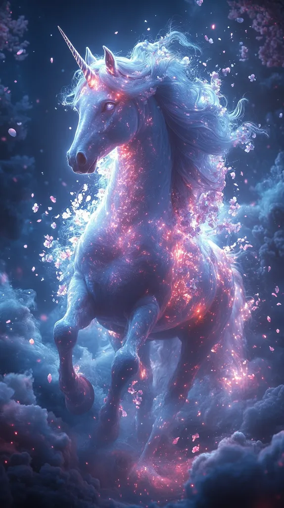 A majestic unicorn, rendered in ethereal detail, gallops through a dreamscape. Its coat shimmers with an otherworldly glow, punctuated by vibrant pink and orange sparks, resembling embers or blossoms.  Surrounded by floating pink petals and a swirling nebula of clouds, the unicorn embodies magical grace and power. The scene is both mystical and captivating, a breathtaking blend of fantasy and artistry.