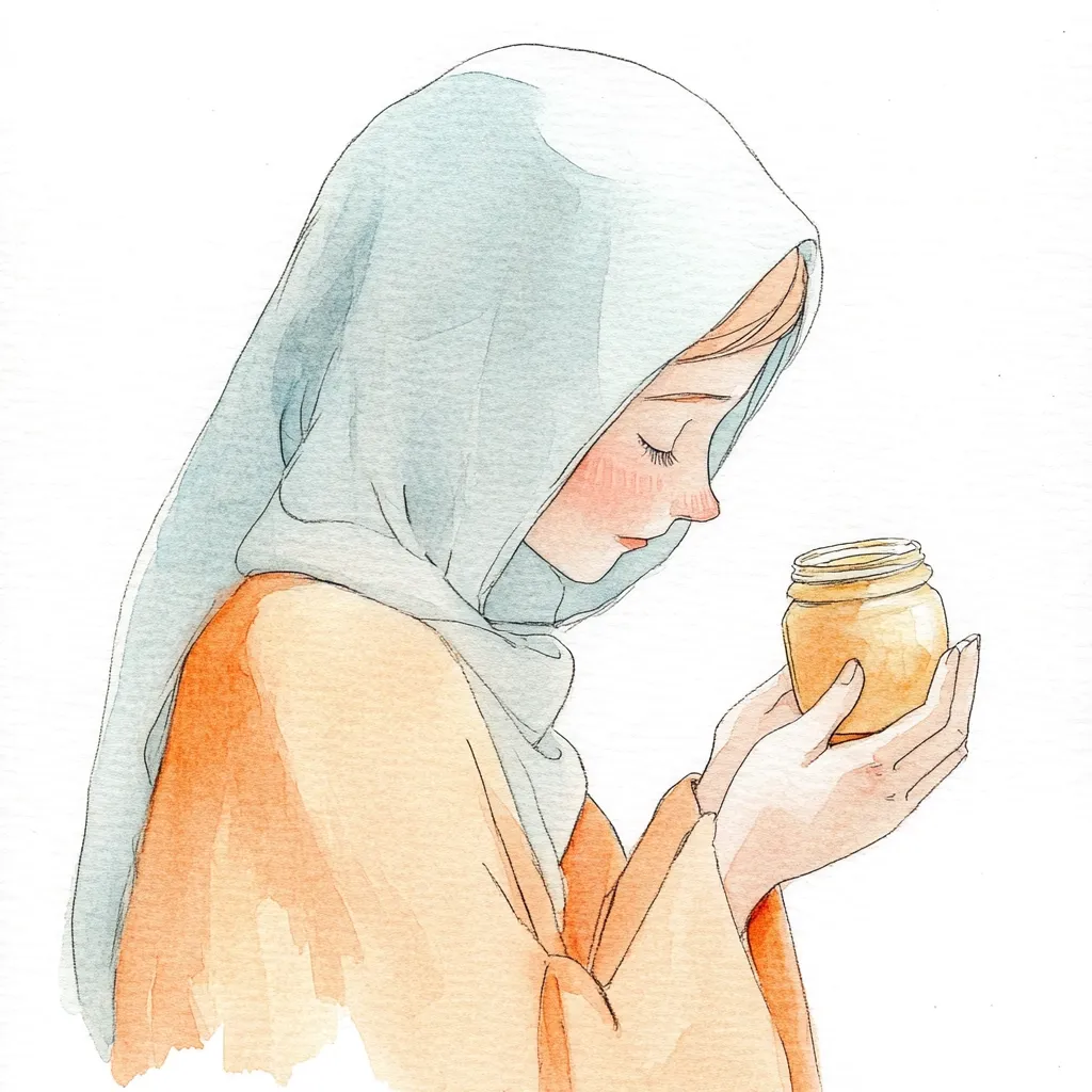 A watercolor illustration depicts a young woman, wearing a light blue hijab and an orange robe, gently cradling a small, amber-colored jar.  Her eyes are closed, suggesting serenity or contemplation. The style is soft and delicate, with muted colors and flowing lines emphasizing a peaceful mood. The overall impression is one of quiet reverence or appreciation.