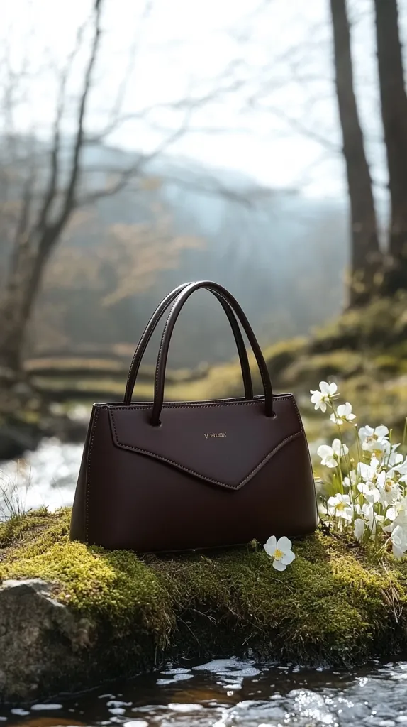 A dark brown leather tote bag rests on a mossy rock beside a tranquil stream.  The bag features a subtle, sophisticated design and a small, embossed logo.  White wildflowers bloom in the foreground, enhancing the serene, natural setting. The background is softly blurred, emphasizing the bag and its idyllic location.  The overall impression is one of understated elegance and peaceful nature.